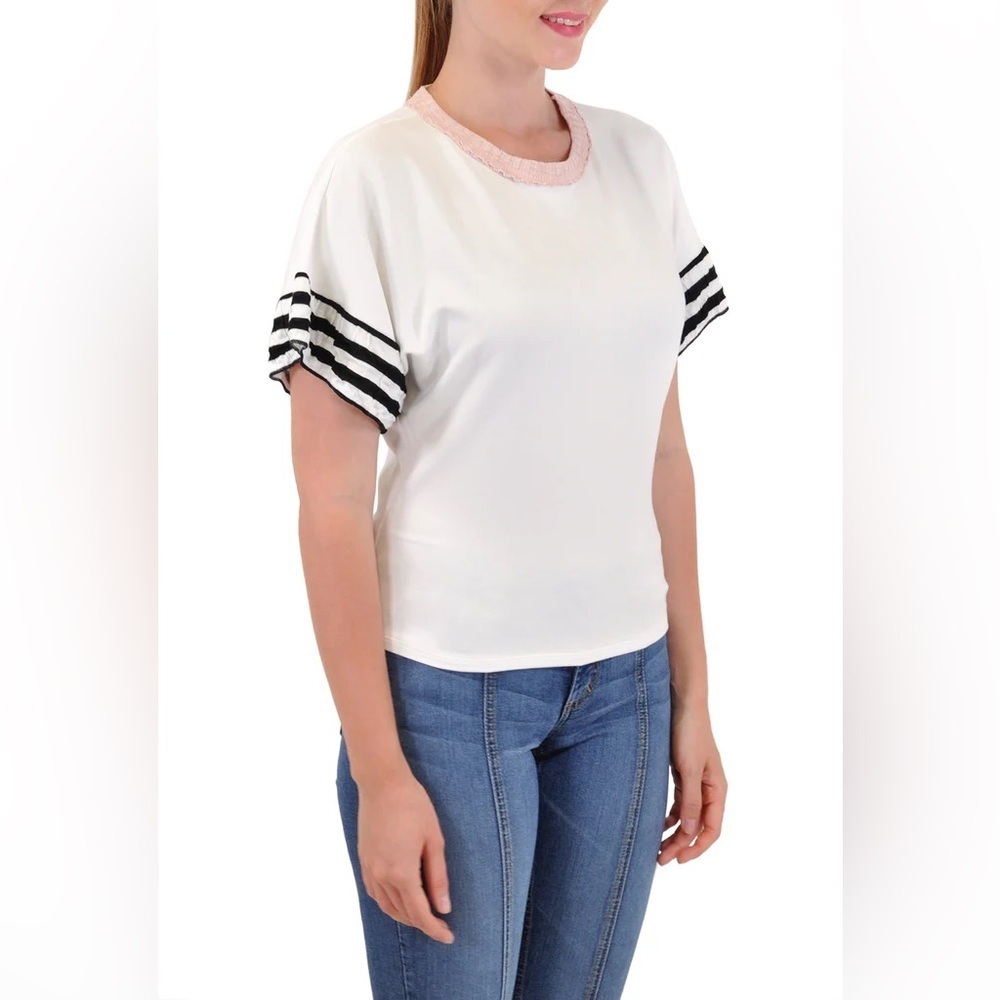 NWOT Pete White Crew Neck Top w/ Black Stripe Sleeves Size Large Made in USA